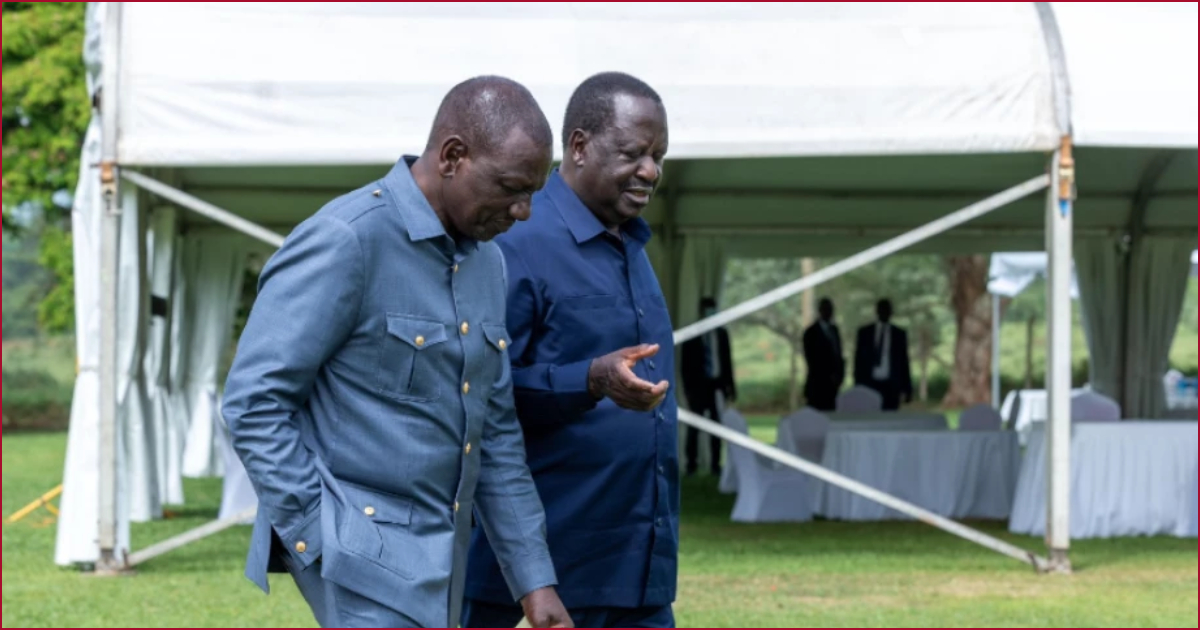 President William Ruto having a moment with ODM leader Raila Odinga.